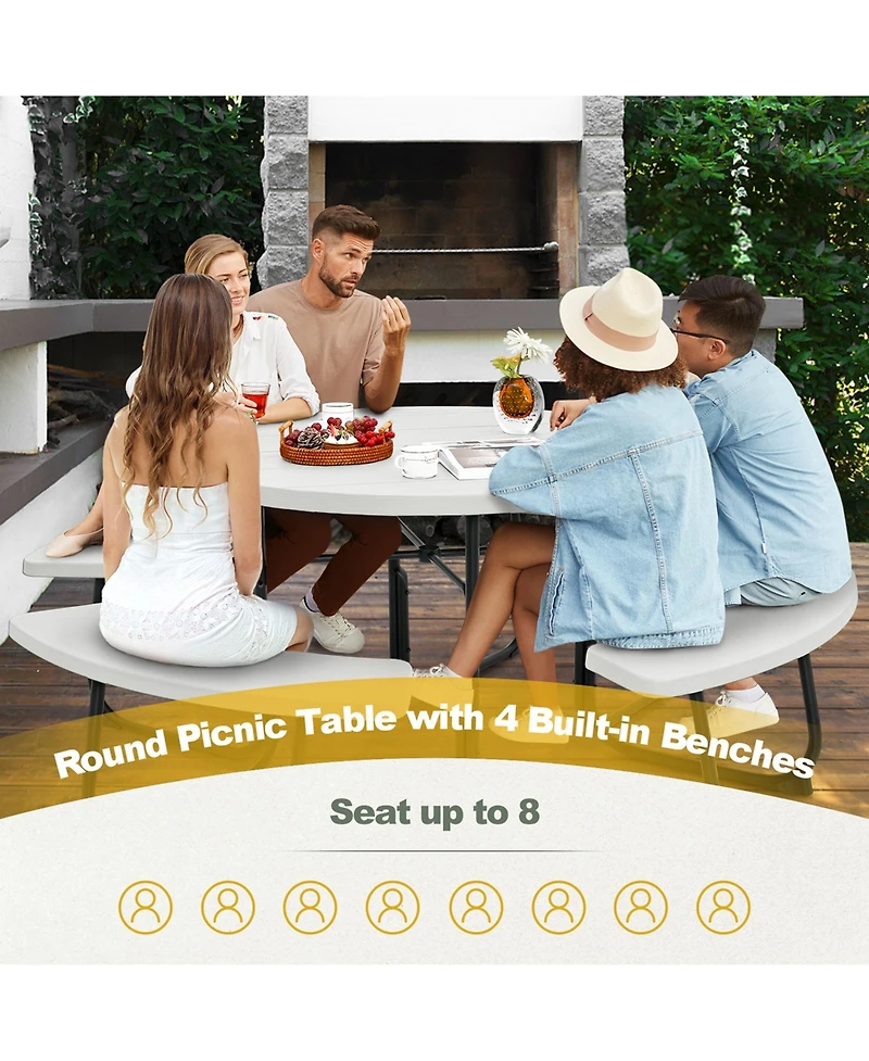 Outdoor 8-person Round Picnic Table Bench Set with 4 Benches & Umbrella Hole