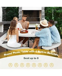 Outdoor 8-person Round Picnic Table Bench Set with 4 Benches & Umbrella Hole