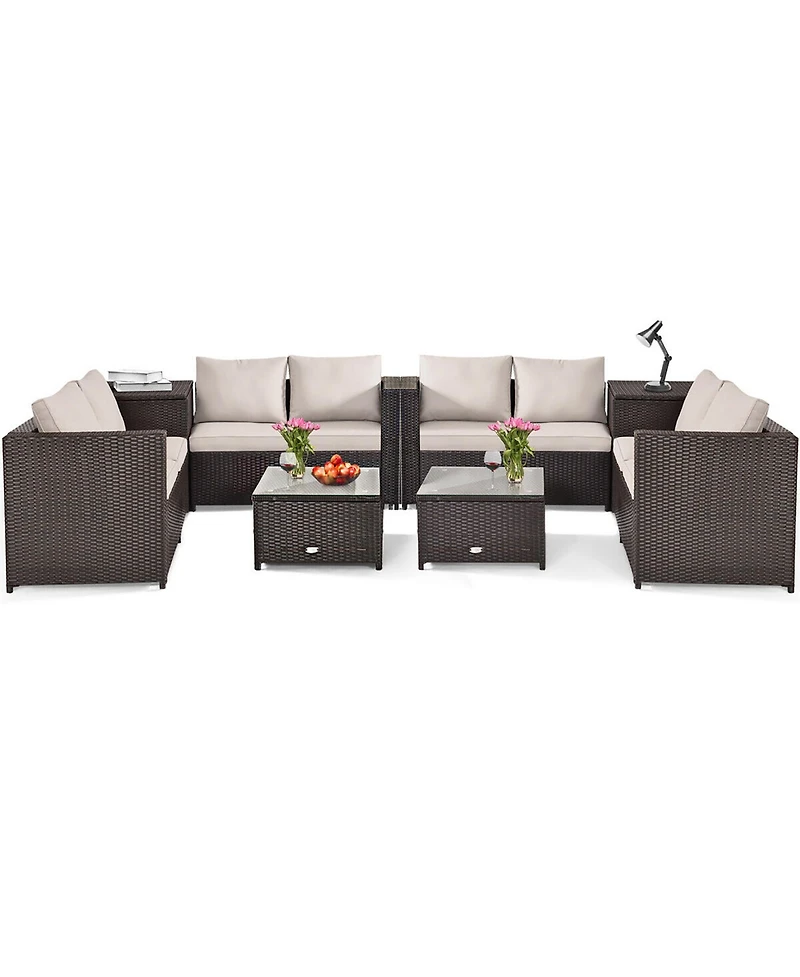 8PCS Outdoor Patio Rattan Furniture Set Cushioned Loveseat Storage Table