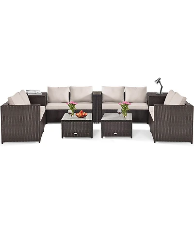 8PCS Outdoor Patio Rattan Furniture Set Cushioned Loveseat Storage Table
