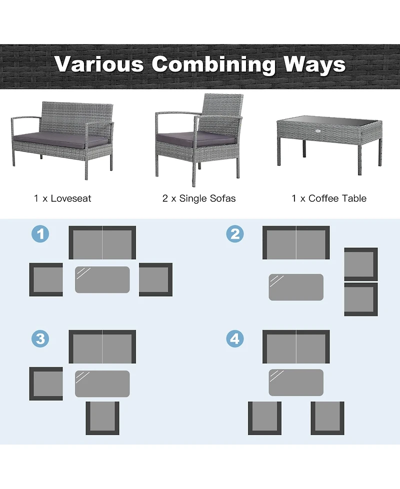 Costway 8 Pcs Outdoor Rattan Furniture Set Patio Conversation Sofa Set Cushioned Grey