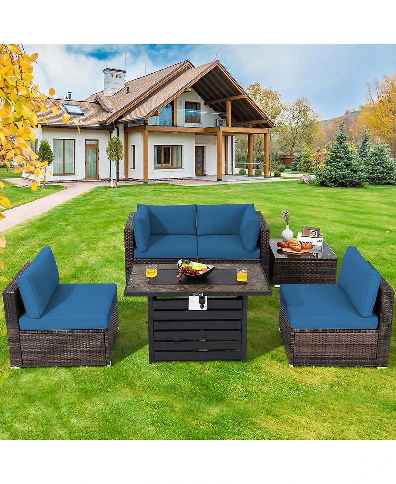 6PCS Patio Rattan Furniture Set 42'' Fire Pit Table Cover Sofa Cushion