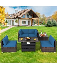 6PCS Patio Rattan Furniture Set 42'' Fire Pit Table Cover Sofa Cushion