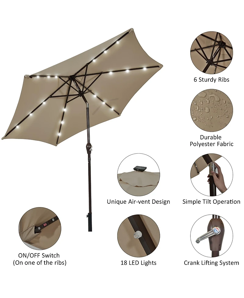9' Solar Led Lighted Patio Market Umbrella Tilt Adjustment Crank Lift