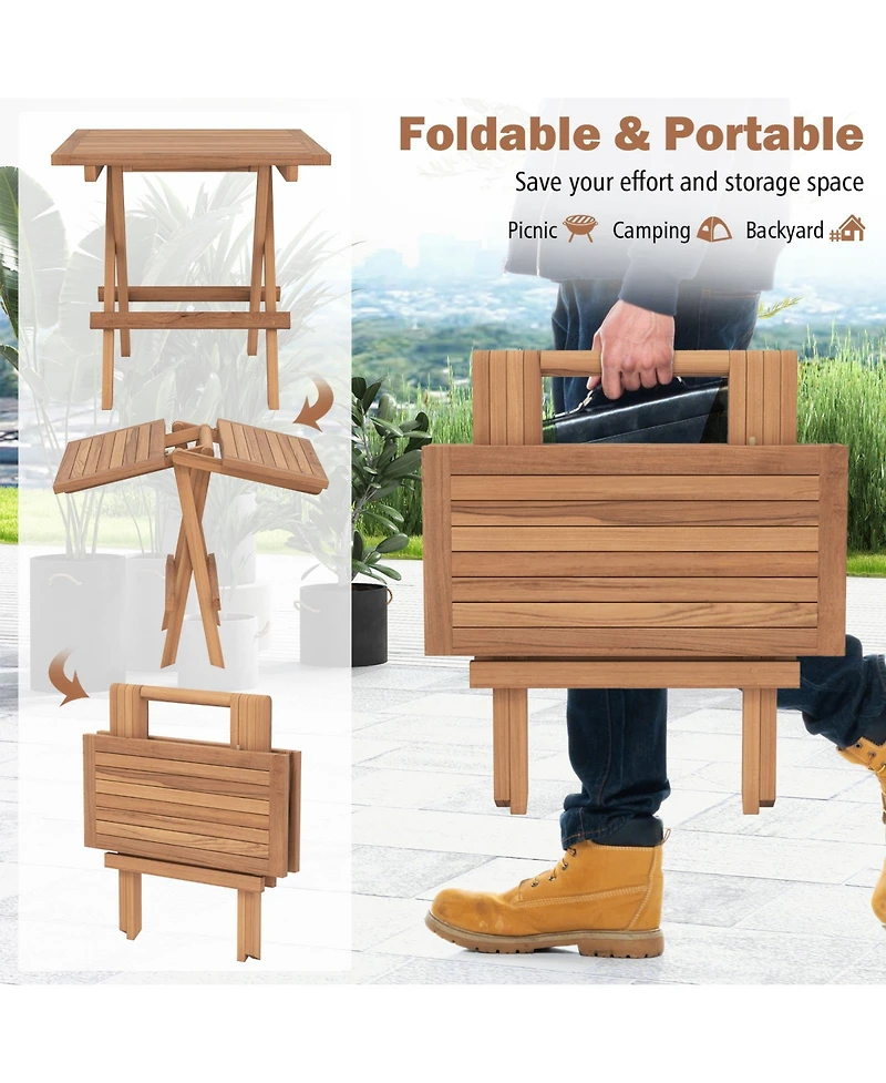 Slickblue Square Patio Folding Table Indonesia Teak Wood with Slatted Tabletop Portable for Picnic