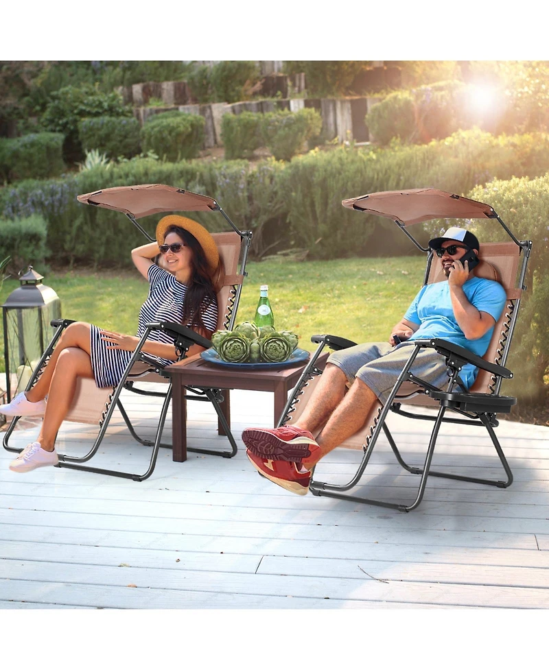 Slickblue Folding Recliner Lounge Chair with Shade Canopy Cup Holder