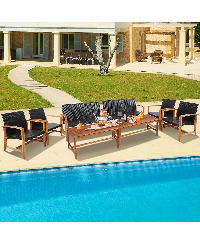 Costway 8PCS Outdoor Patio Rattan Furniture Set Acacia Wood Frame Sofa Loveseat Garden