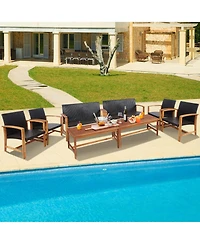 Costway 8PCS Outdoor Patio Rattan Furniture Set Acacia Wood Frame Sofa Loveseat Garden