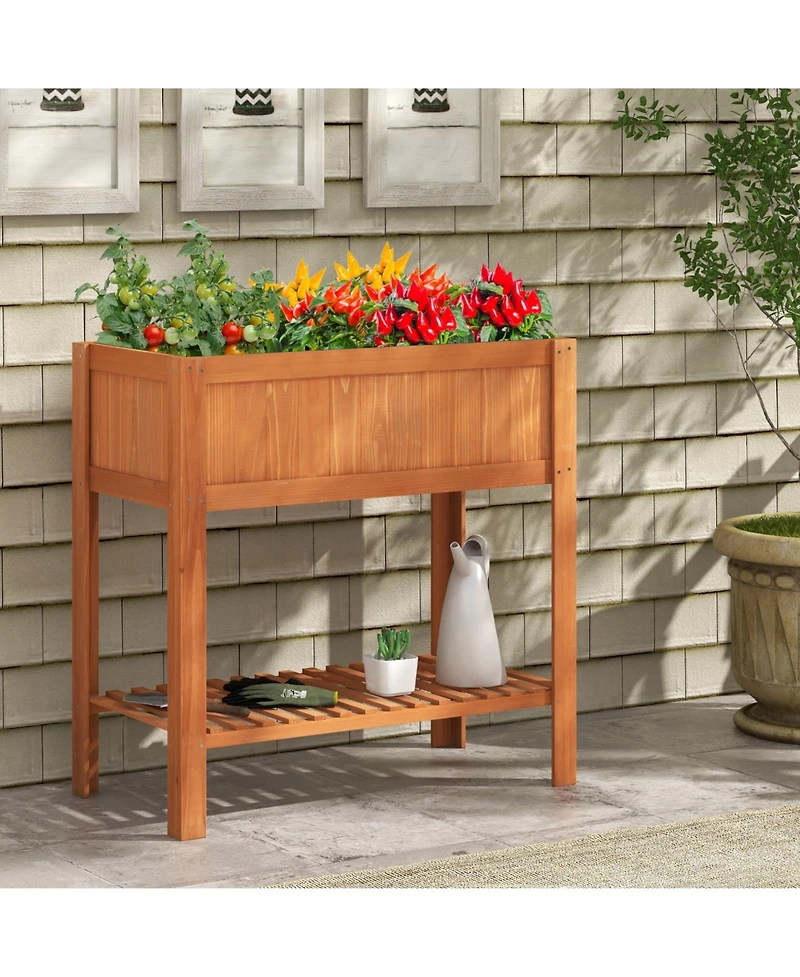 Slickblue Outdoor Raised Garden Bed Fir Wood Planter Box with Bottom Storage Shelf and Protective Liner-Brown