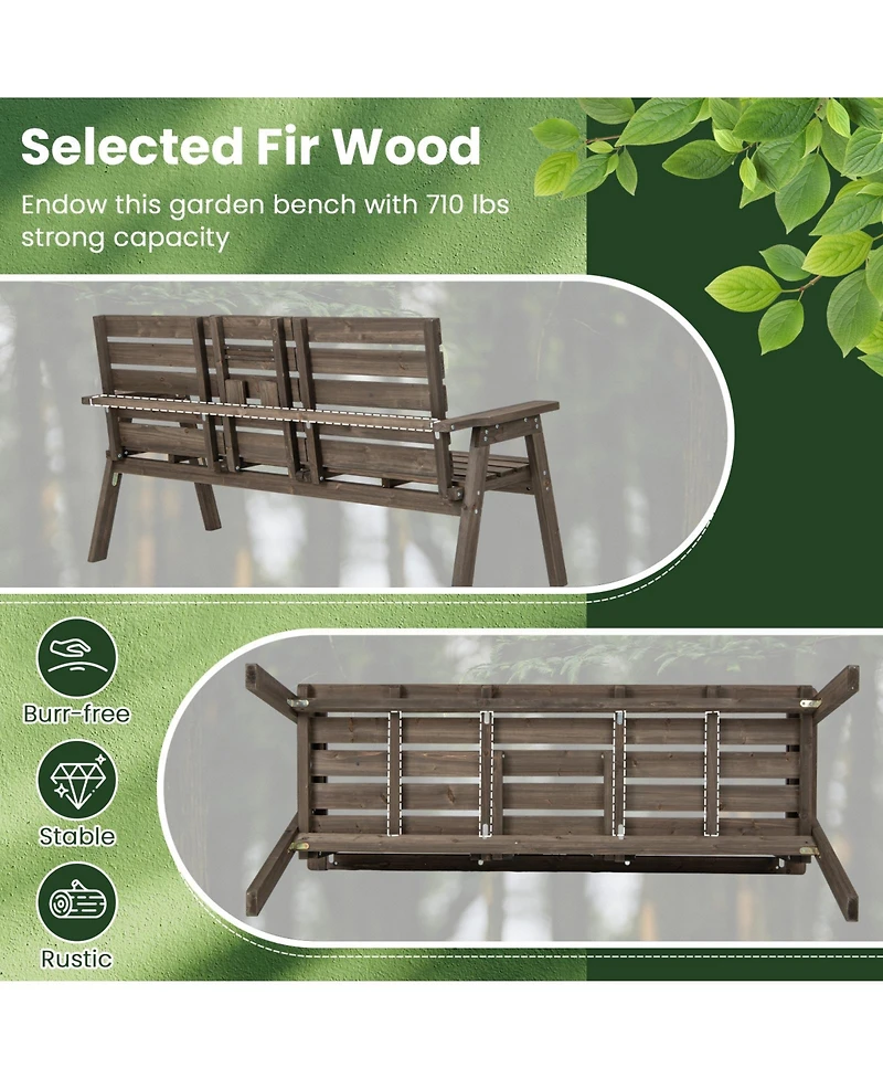 Slickblue Outdoor Fir Wood Bench with Foldable Middle Table-Gray