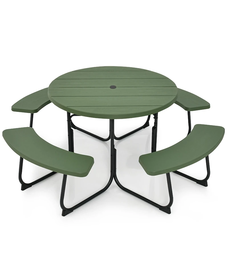 Outdoor 8-person Round Picnic Table Bench Set with 4 Benches & Umbrella Hole