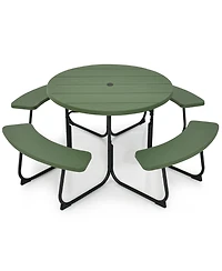 Outdoor 8-person Round Picnic Table Bench Set with 4 Benches & Umbrella Hole