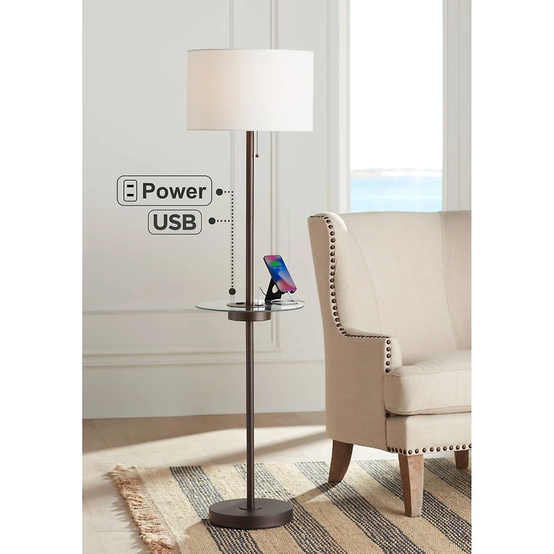 360 Lighting Caper Modern Floor Lamp with Tray Table Usb and Ac Power Outlet in Base 60.5" Tall Bronze Metal Off White Fabric Drum Shade for Living Ro