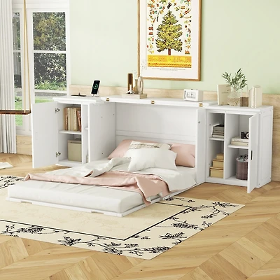Streamdale Full Size Murphy Bed with Shelves, Cabinets and Usb Ports, White