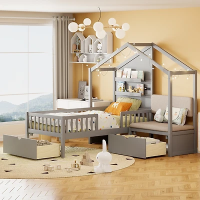 Streamdale Twin House Bed with Sofa, Charging Station, Shelves & Drawers