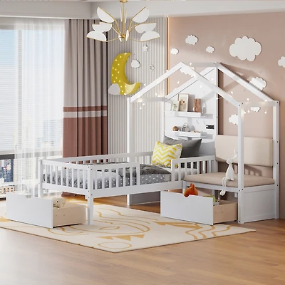 Streamdale Twin House Bed with Sofa, Charging Station, Shelves & Drawers
