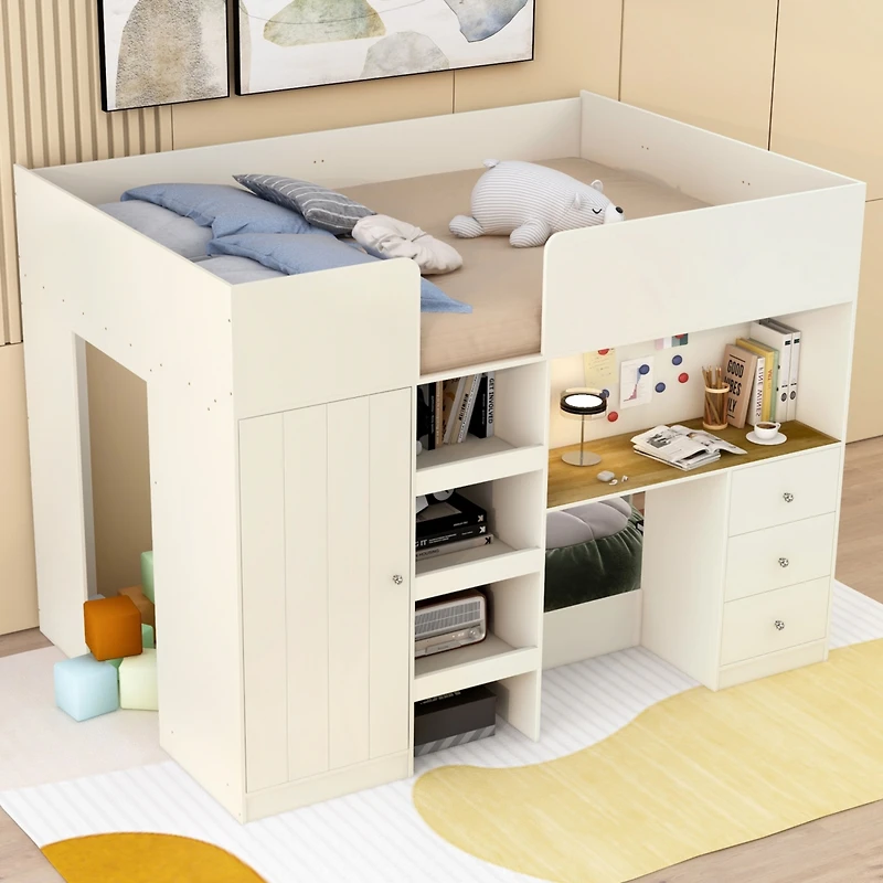 Simplie Fun Wood Full Size Loft Bed with Built-in Wardrobe, Desk, Storage Shelves and Drawers, Beige