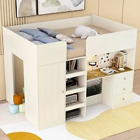 Simplie Fun Wood Full Size Loft Bed with Built-in Wardrobe, Desk, Storage Shelves and Drawers, Beige