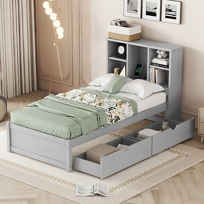 Modern Twin Size Bed Frame With Built-in Usb Port on Bookcase Headboard and 2 Drawers for Grey Color