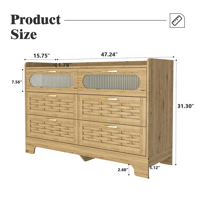 Simplie Fun Elegant 6-Drawer Dresser with Woven Wood Cabinet Top and Gold Handles