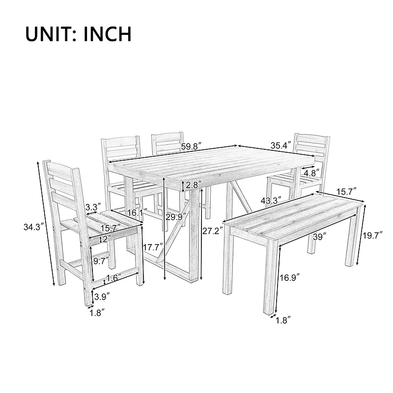 Streamdale Acacia Wood Dining Set Table, Bench, 4 Chairs