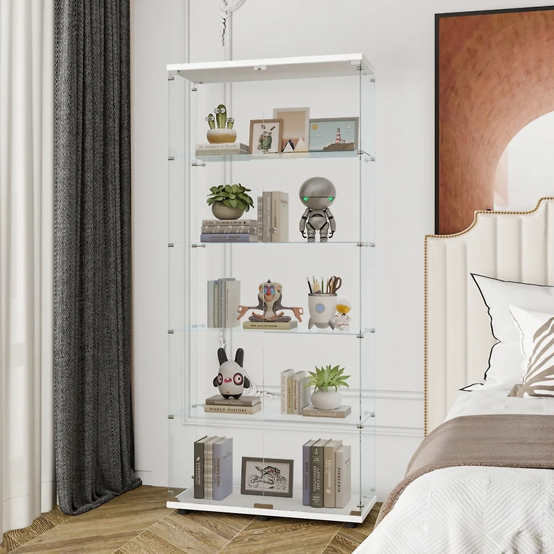Simplie Fun White Glass Display Cabinet with Double Doors & 5 Shelves