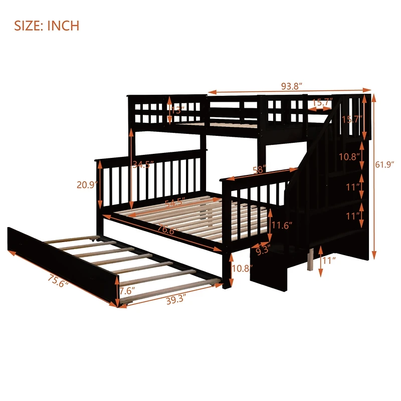 Streamdale Espresso Twin-Over-Full Bunk Bed with Storage and Trundle