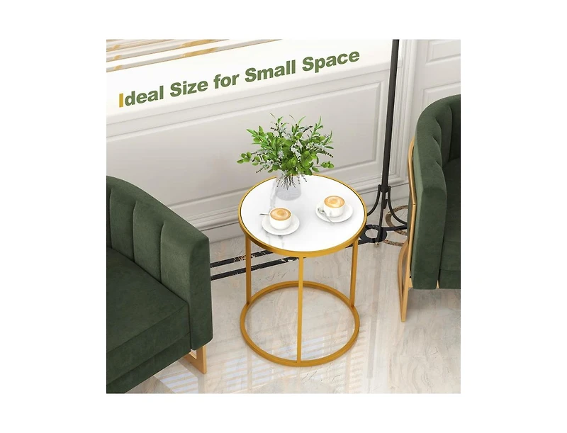 Set of 2 Round Side Tables with Marble Top and Gold Metal Frame for Living Room