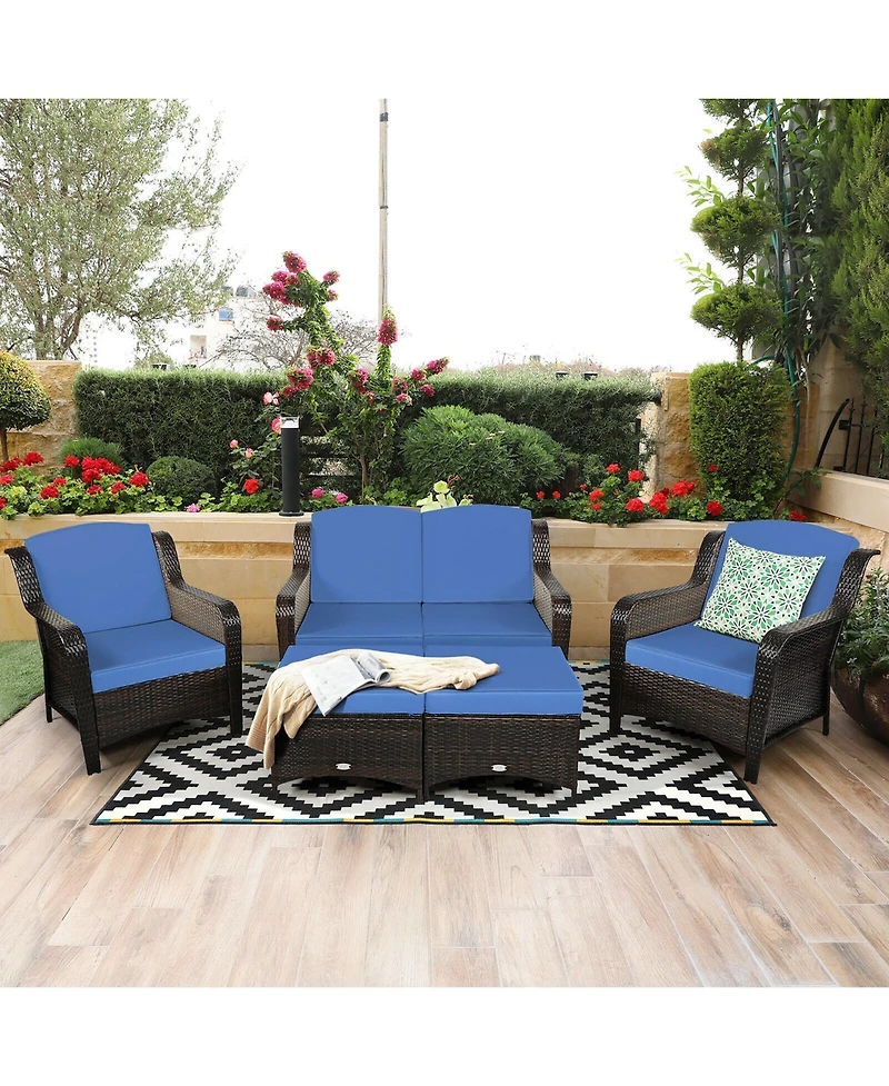 Costway 5PCS Patio Rattan Furniture Set Loveseat Sofa Ottoman