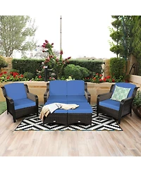 Costway 5PCS Patio Rattan Furniture Set Loveseat Sofa Ottoman