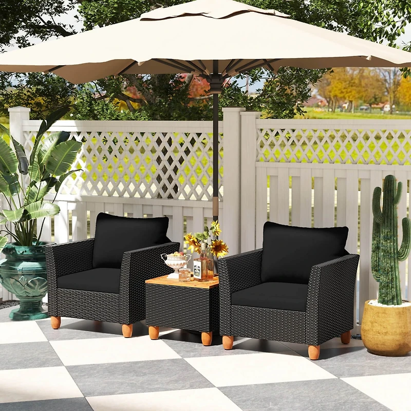 3PCS Patio Rattan Furniture Set Cushioned Sofa Storage Table with Wood Top
