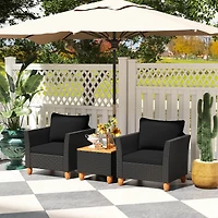 3PCS Patio Rattan Furniture Set Cushioned Sofa Storage Table with Wood Top