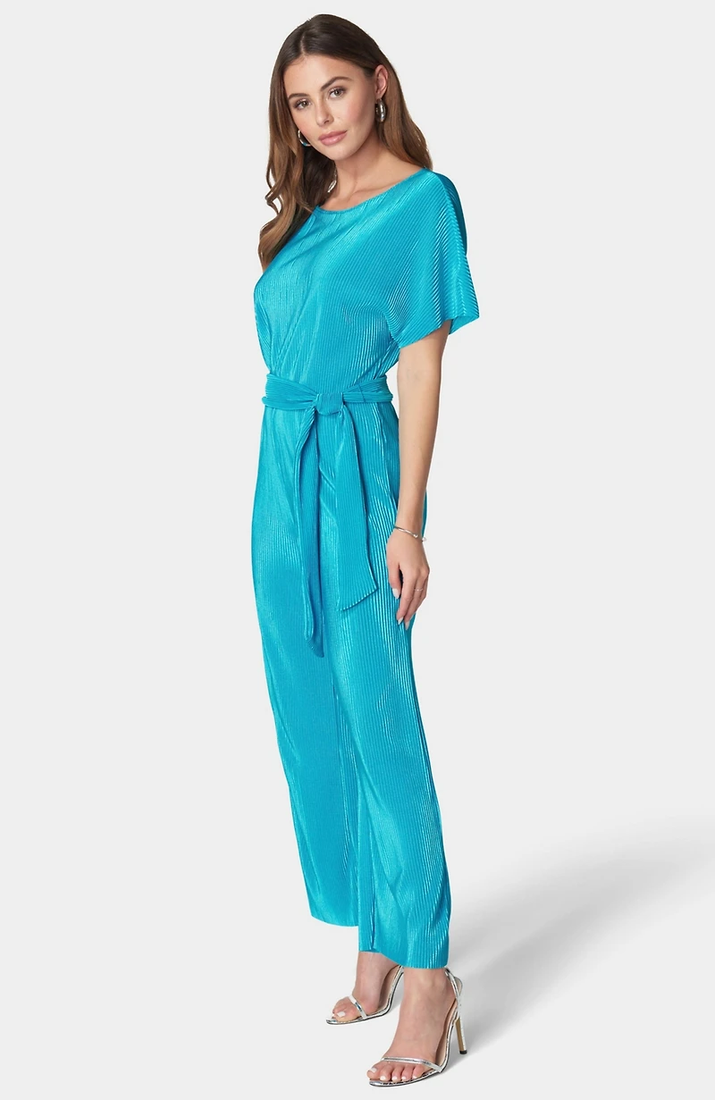 Bebe Women's Plisse Culotte Jumpsuit,Blue,XLarge