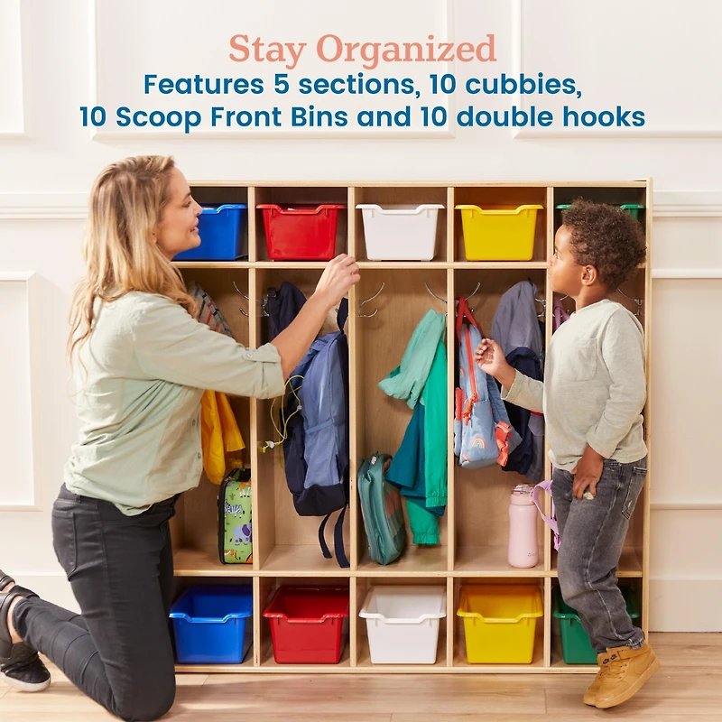 ECR4Kids Streamline 5-Section Coat Locker with Scoop Front Storage Bins, Natural, Blue, 1