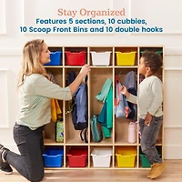 ECR4Kids Streamline 5-Section Coat Locker with Scoop Front Storage Bins, Natural, Blue, 1