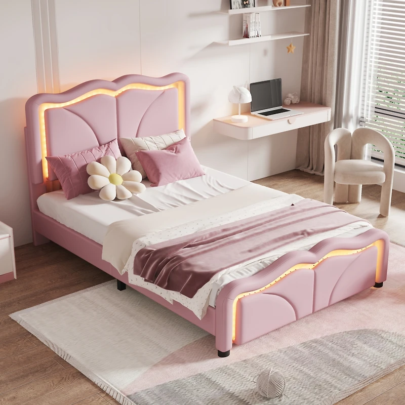 Streamdale Twin Platform Bed with Led Lights and Adjustable Headboard