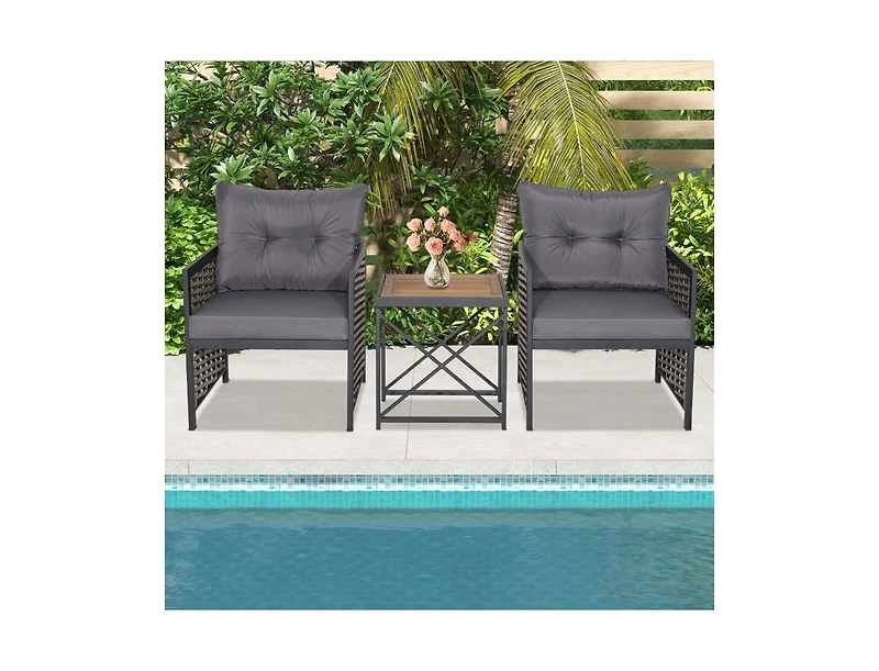 Slickblue 3 Piece Patio Rattan Furniture Set with Acacia Wood Tabletop