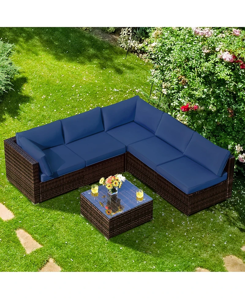 6PCS Patio Rattan Furniture Set Cushioned Sofa Coffee Table Garden