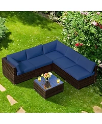 6PCS Patio Rattan Furniture Set Cushioned Sofa Coffee Table Garden