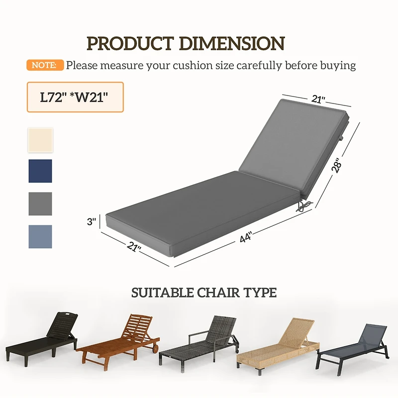 Outsunny 2 Lounge Chair Cushions, 72"x21"x3" Replacement Cushions,