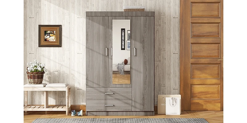 Streamdale 3-Door Mirror Wardrobe with shelves, Gray