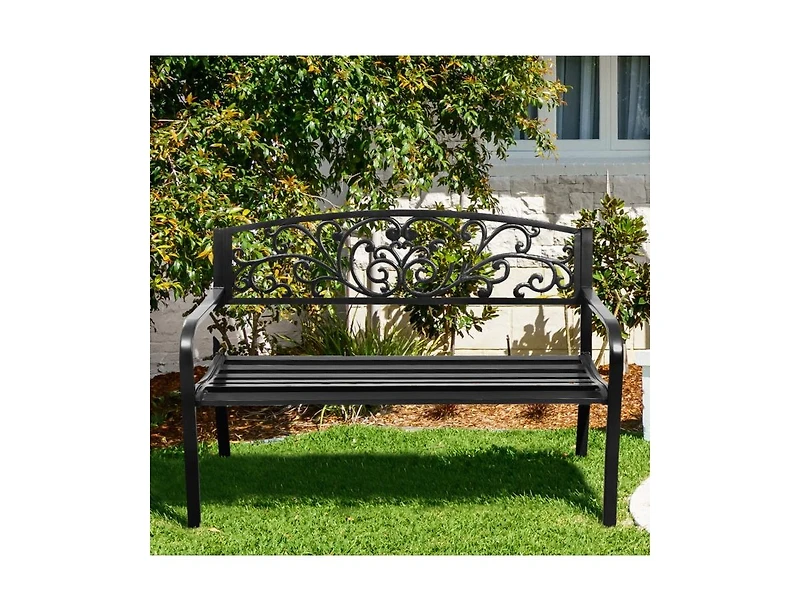 Slickblue 50 Inch Patio Park Steel Frame Cast Iron Backrest Bench Porch Chair