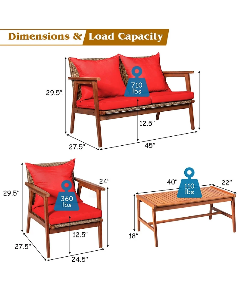 8PCS Patio Rattan Furniture Set Acacia Wood Frame Cushioned Sofa Chair Navy