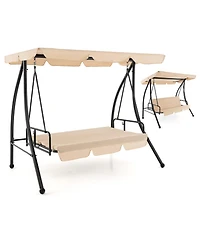 Slickblue 2-Seat Outdoor Convertible Swing Chair with Flat Bed and Adjustable Canopy-Beige