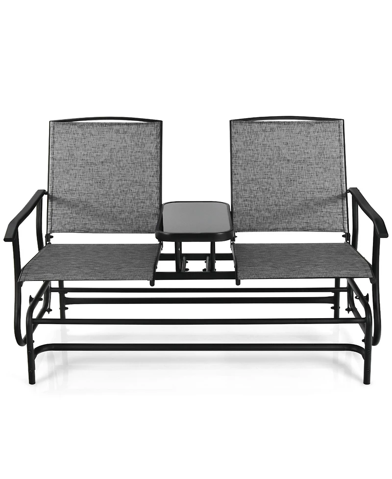 Slickblue 2-Person Double Rocking Loveseat with Mesh Fabric and Center Tempered Glass Table