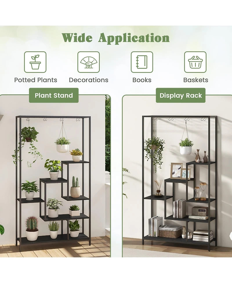 Slickblue 6-Tier Tall Plant Stand 71" Metal Indoor Shelf with 10 Hanging Hooks