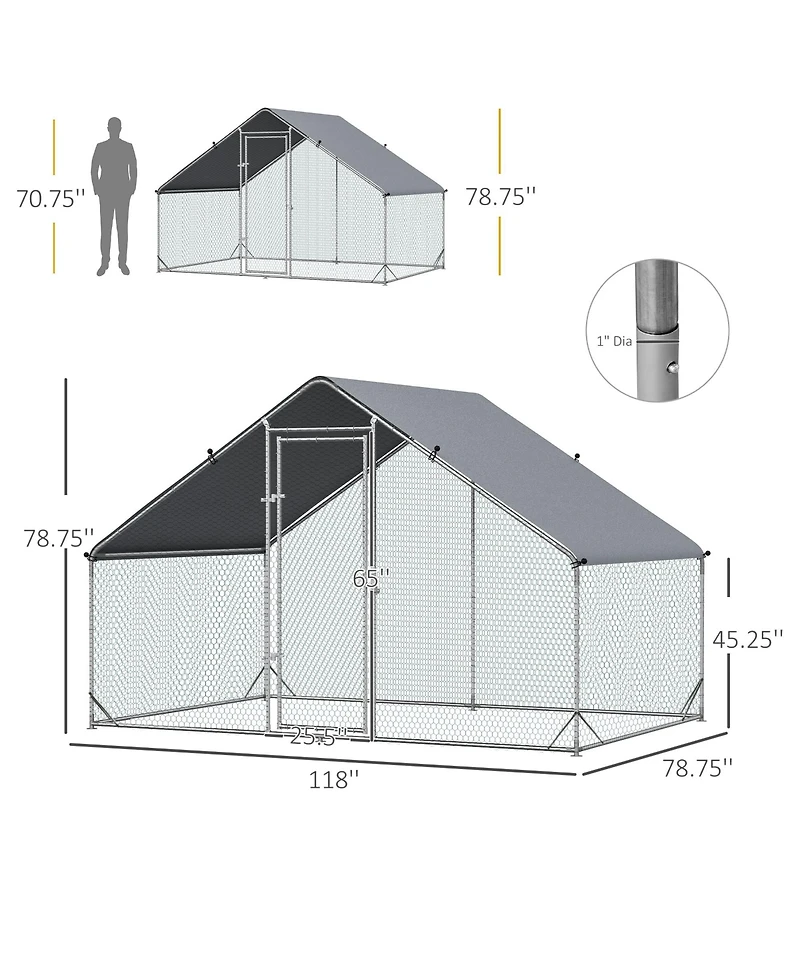Simplie Fun Metal Chicken Coop Run with Cover, Walk-In Outdoor Poultry Pen for Rabbits, Ducks, Large Hen House for Yard, 10' x 6.5' x 6.5', Silver