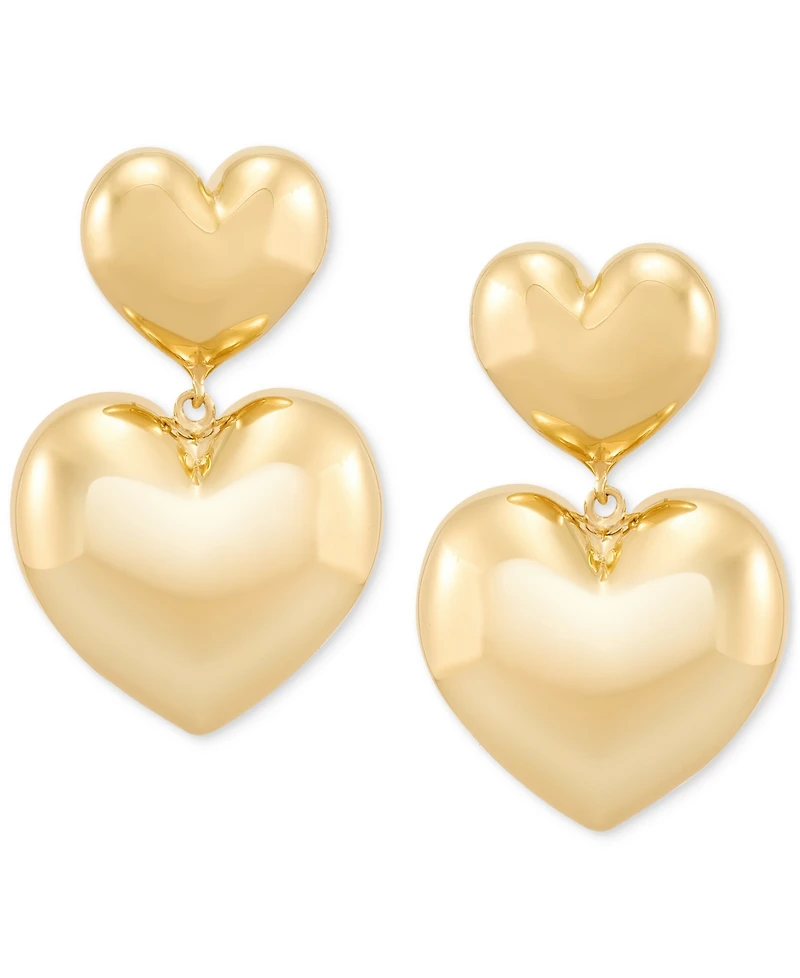 Polished Graduated Double Heart Drop Earrings in 14k Gold, 1"