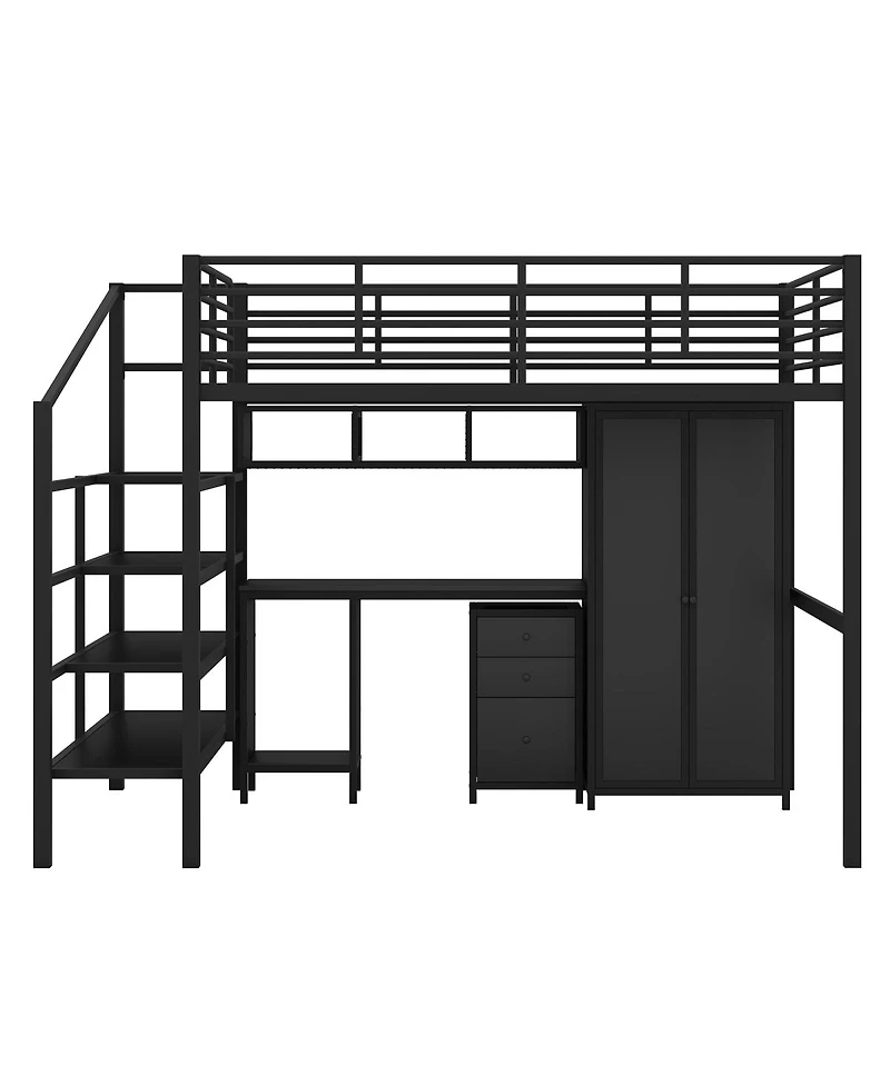 Simplie Fun Metal Loft Bed With Table Set And Wardrobe, Full