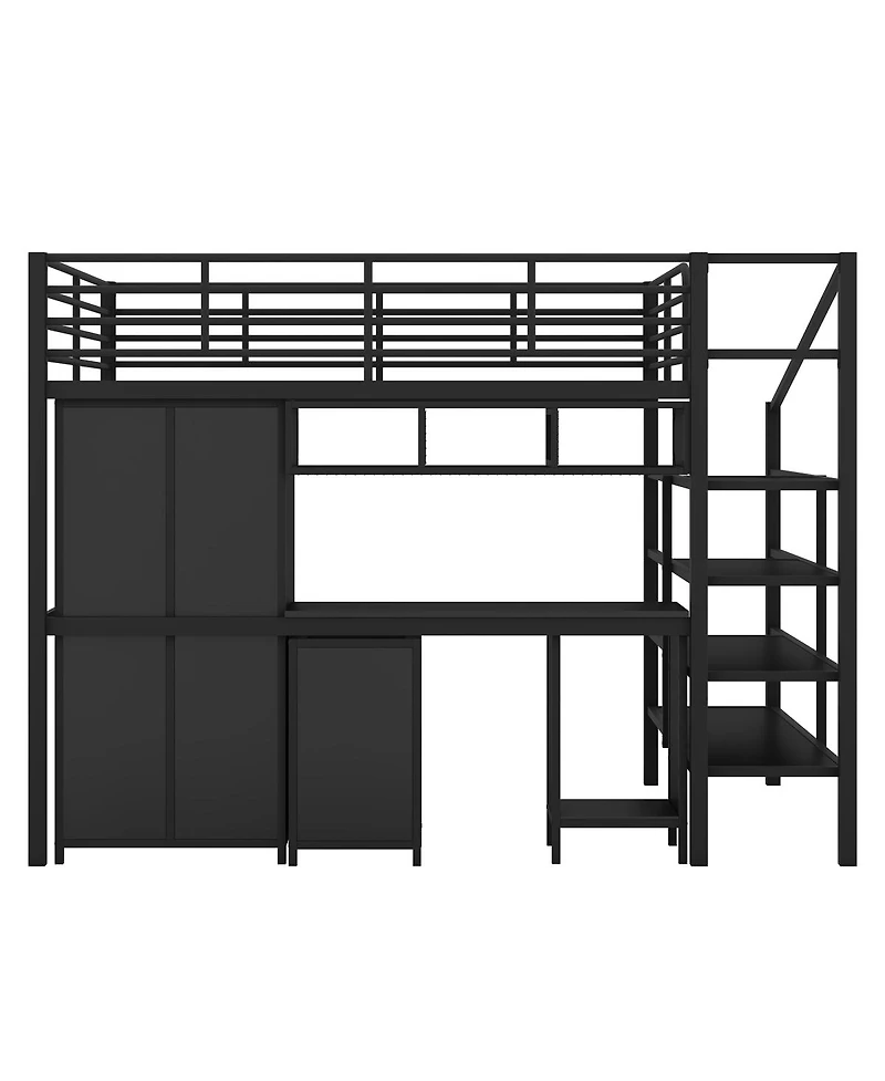 Simplie Fun Metal Loft Bed With Table Set And Wardrobe, Full